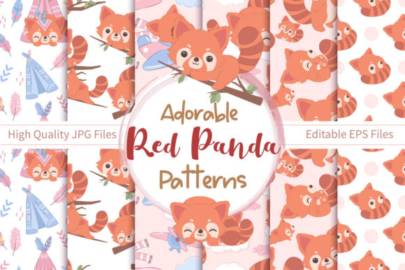 Cute Red Panda Seamless Pattern Set