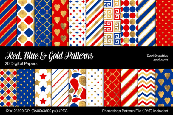 Red, Blue and Gold Digital Papers for Creative Workflows